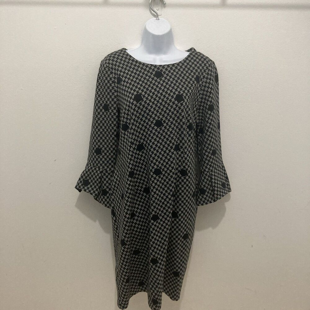 TALBOTS gray black houndstooth dots round neck flared cuffs shift dress 12P